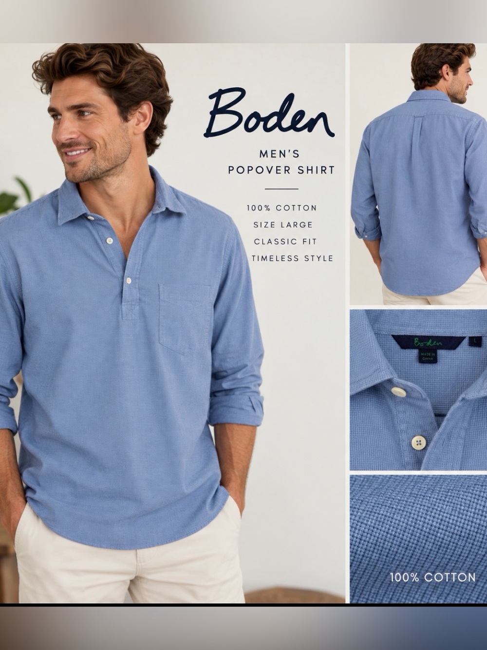 Boden Men’s Large Blue Cotton Popover Shirt Long Sleeve Pullover Casual